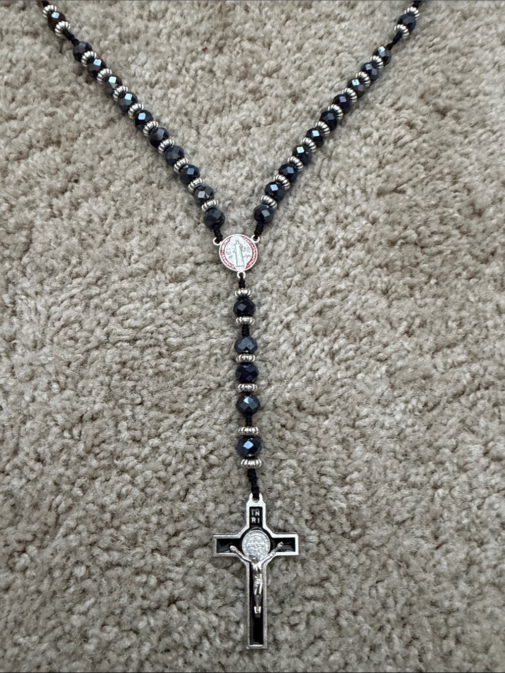 Black Beaded Rosary with Silver Cross